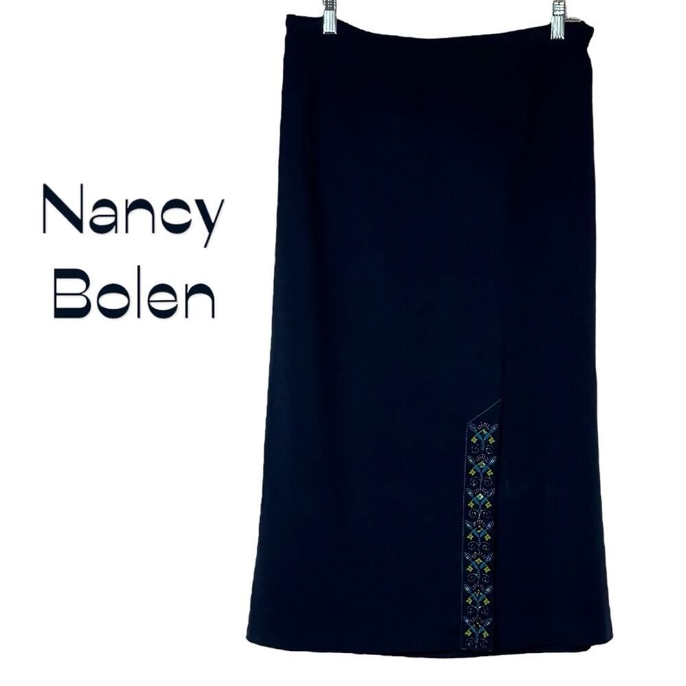 Nancy Bolen Black Embroidered Beaded Midi Skirt Size 14 WhimsiGoth